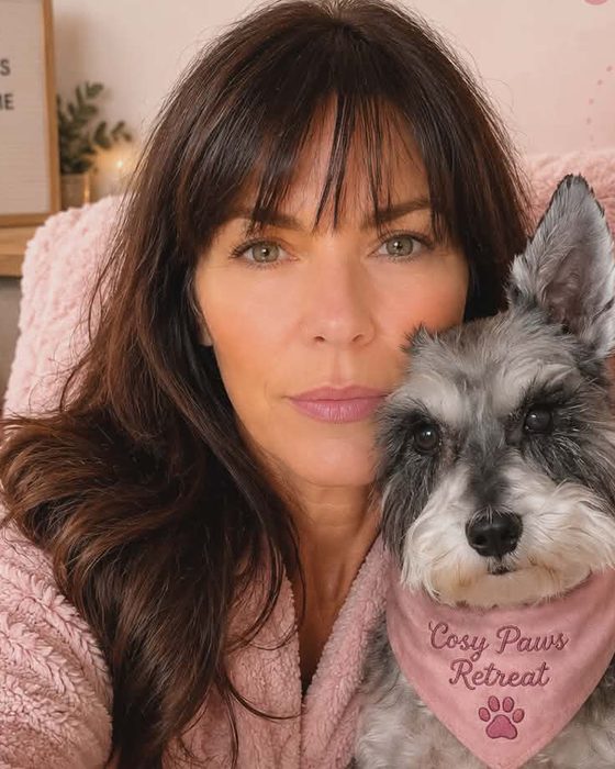 Monique, founder of Cosy Paws Retreat, with her miniature schnauzer Evie
